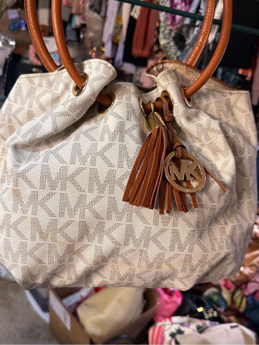 Michael Kors Cream Logo Drawstring Shoulder Bag with Tan Leather Accents